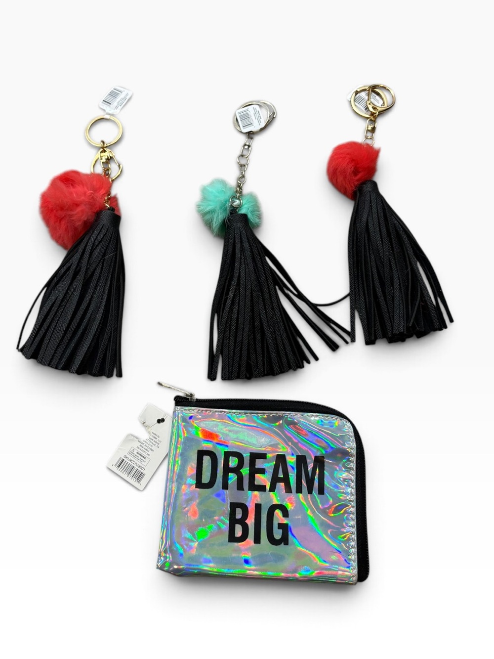 Lot of three Brand New Tassel Keychains and Silver Holographic Change Purse